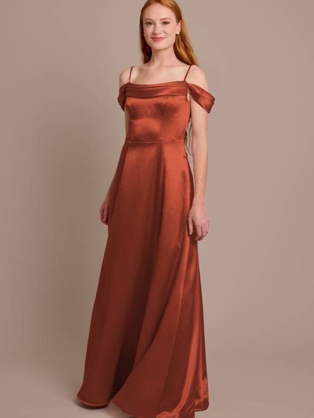 Satin Off-Shoulder Evening Gown in Burnt Copper